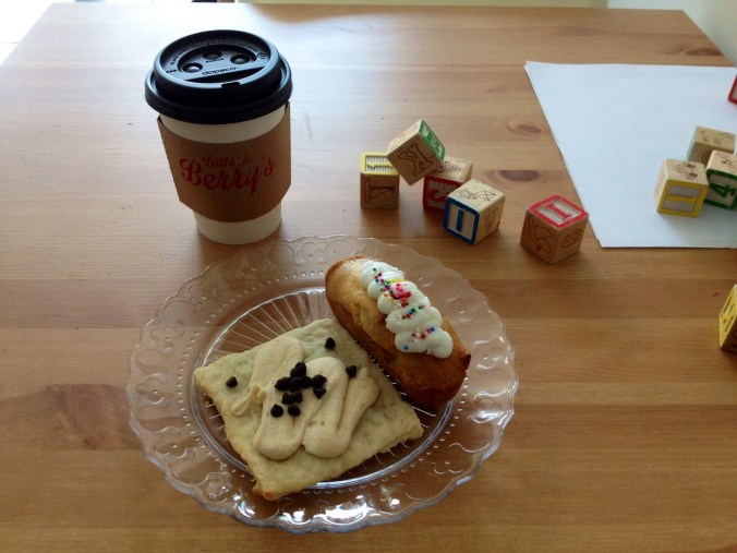Yummy choco PB pop tart and twinkie. Tables had block letters, paper, and colouring pencils for visitors to unleash their inner creativity. 